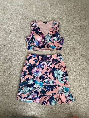Revolve Floral Two-Piece Crop Top & Skirt Set - Pink Multicolor